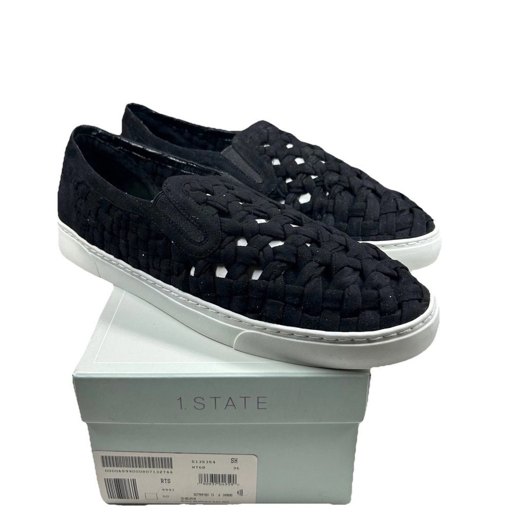 1.STATE Woven Suede Slip On Sneaker Wms 13 Black‎ Basketweave Minimalist Casual